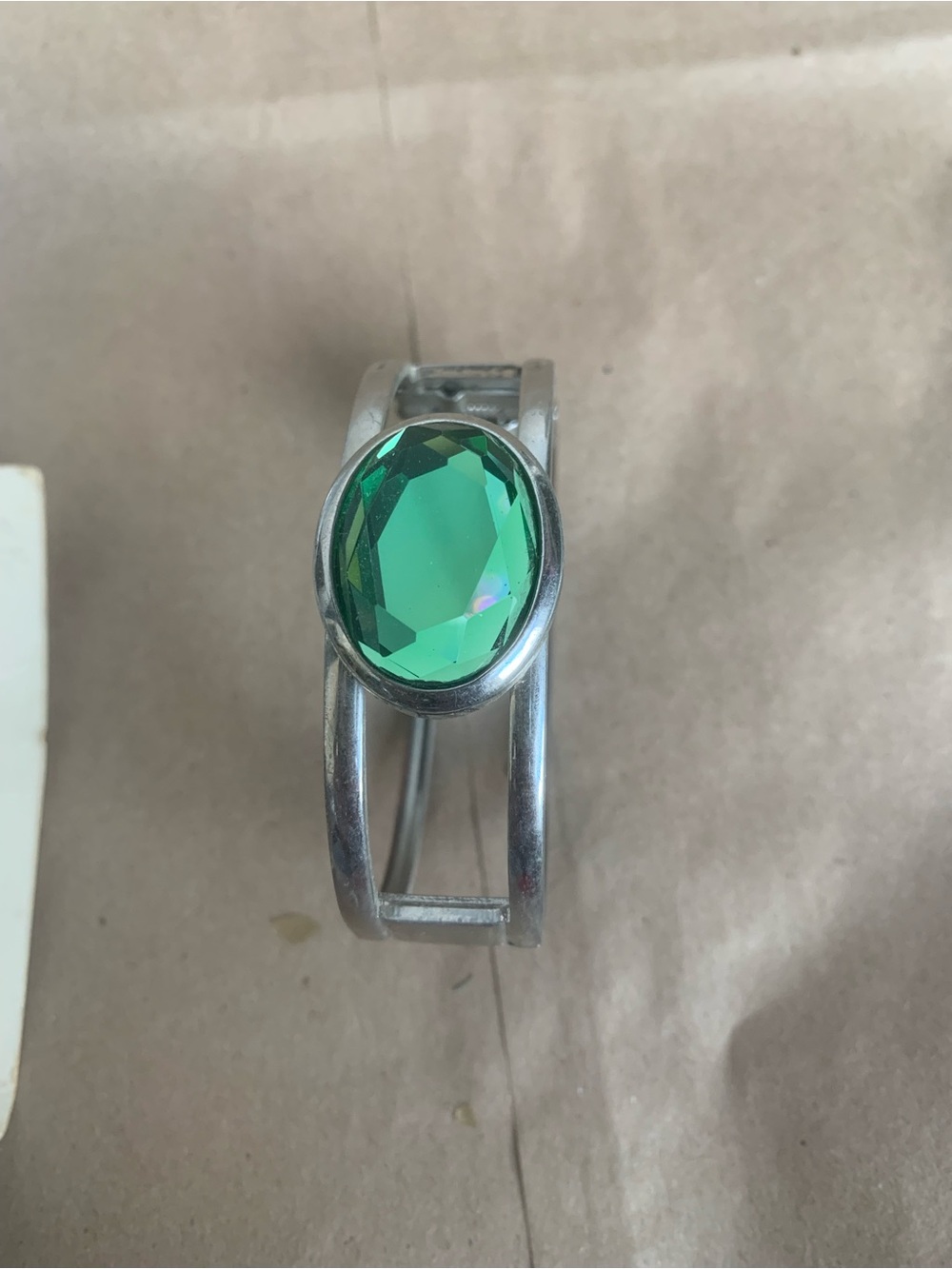 Silver Cuff Bracelet with Emerald Green Oval Crystal